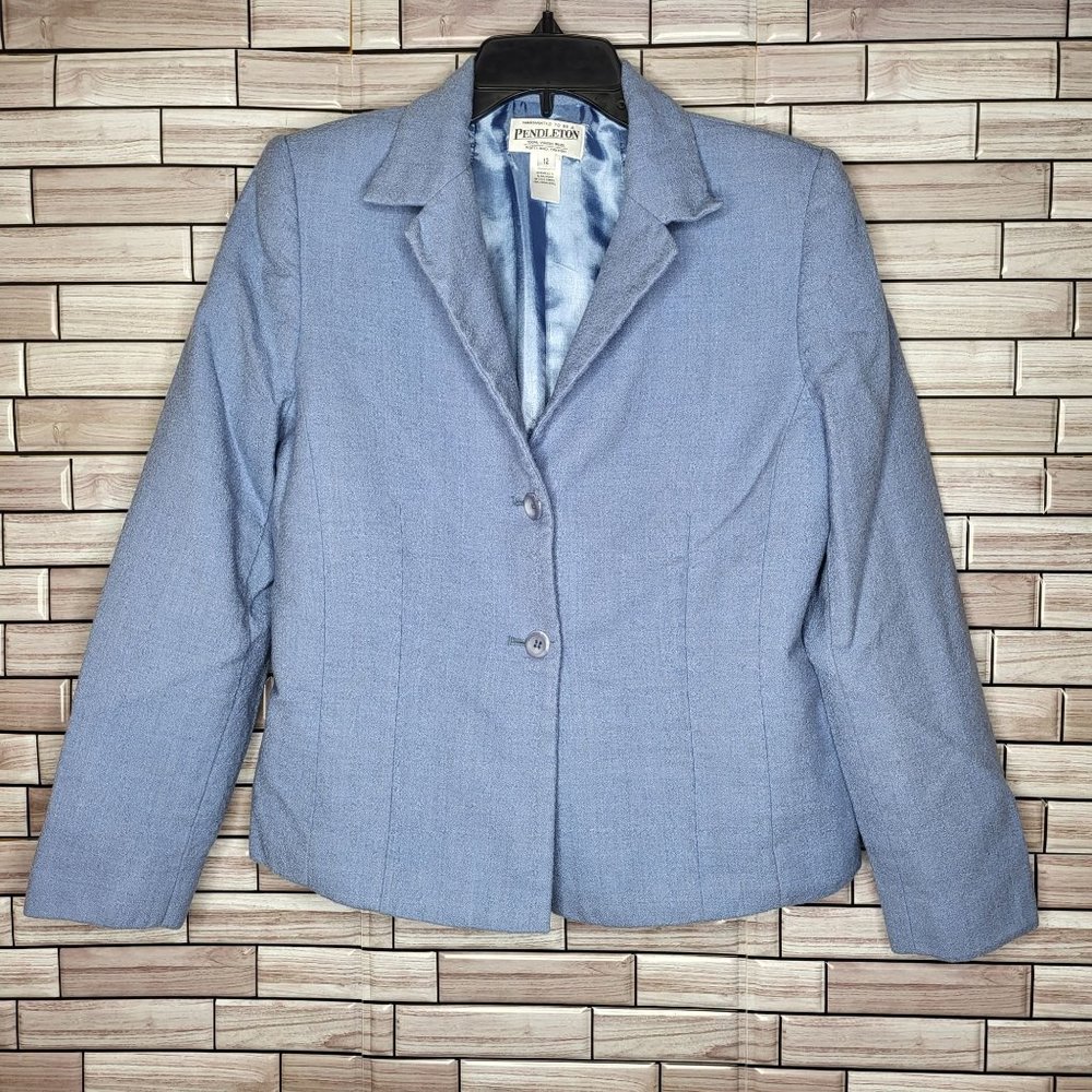 Pendleton Womens Light Blue Blazer 100% Virgin Wool Size 12 USA Fabric